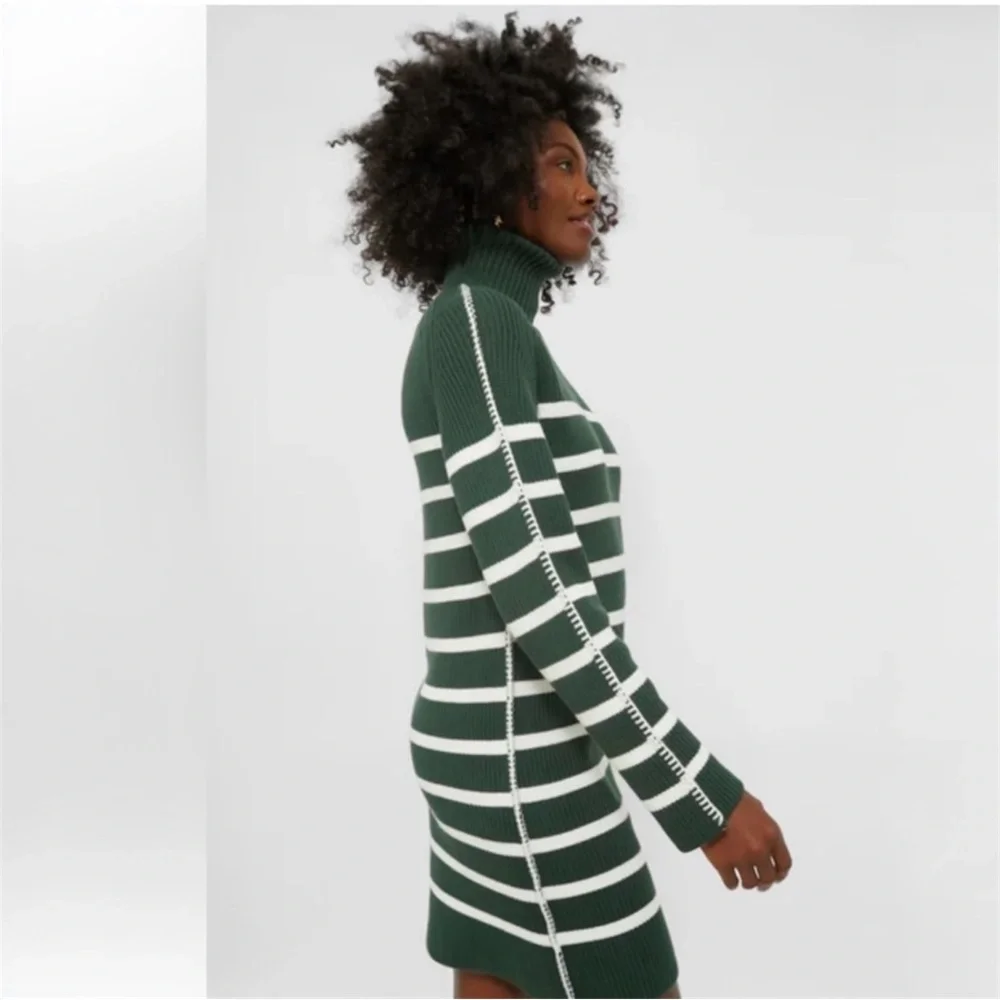 Tuckernuck Hyacinth House Striped Emsley Mini Sweater Dress Pine Green White XXL
